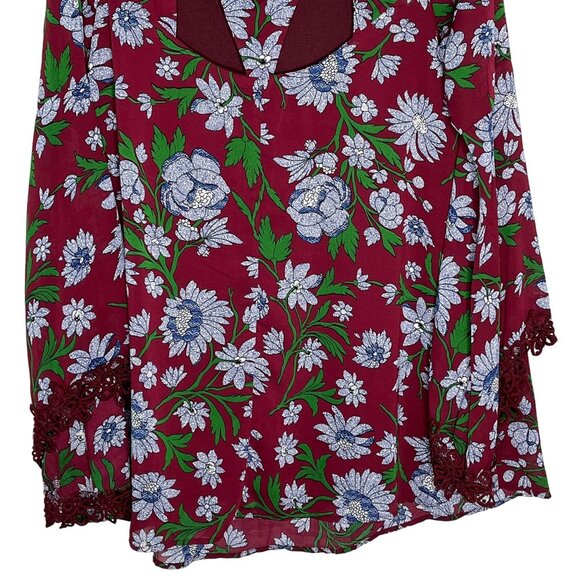 Entro Boho Bell Sleeve Floral Mini Dress Burgundy Blue Size Large - Picture 11 of 12